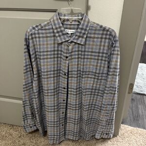 Peter Millar Mens Large Button Down Shirt Blue Plaid 100% Cotton Casual business